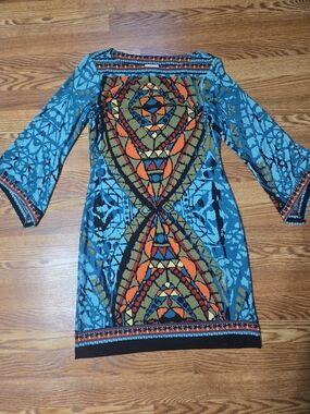 NWOT Beige by eci Stain Glass Turquoise and Olive Geometric Print Dress Sz 4